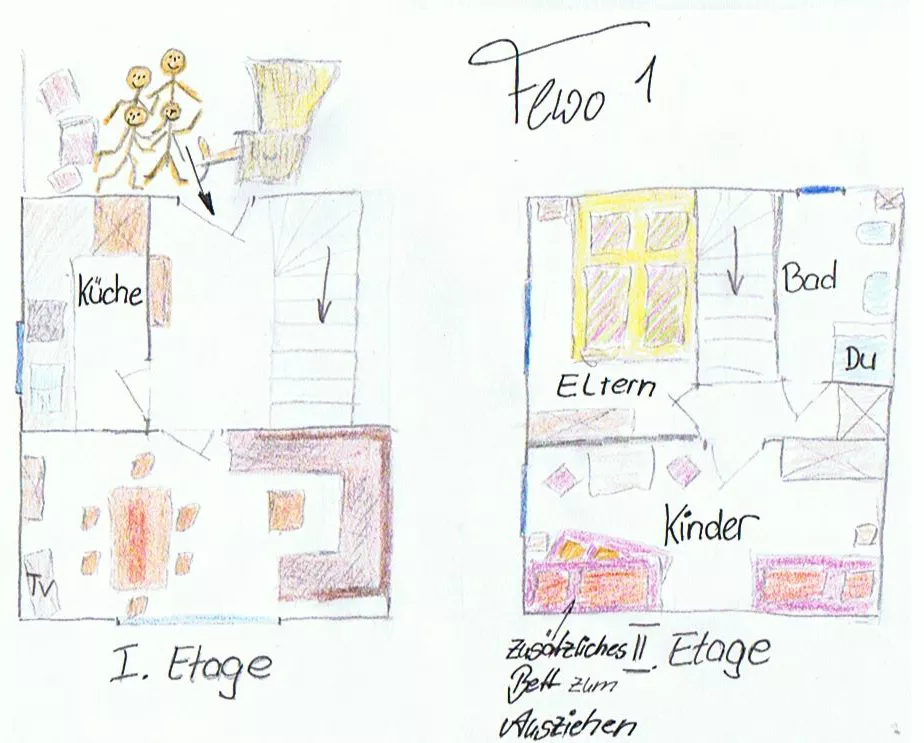 Bunter Grundriss Ferienwohnung 1 – St. Peter-Ording, bis 5 Personen